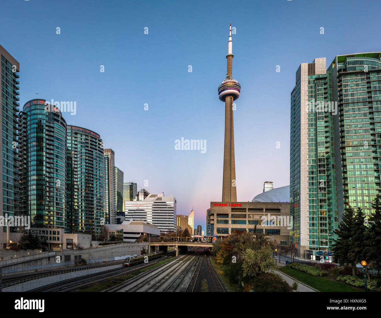 CN Tower and the Rogers Center - Toronto, Ontario, Canada Stock Photo