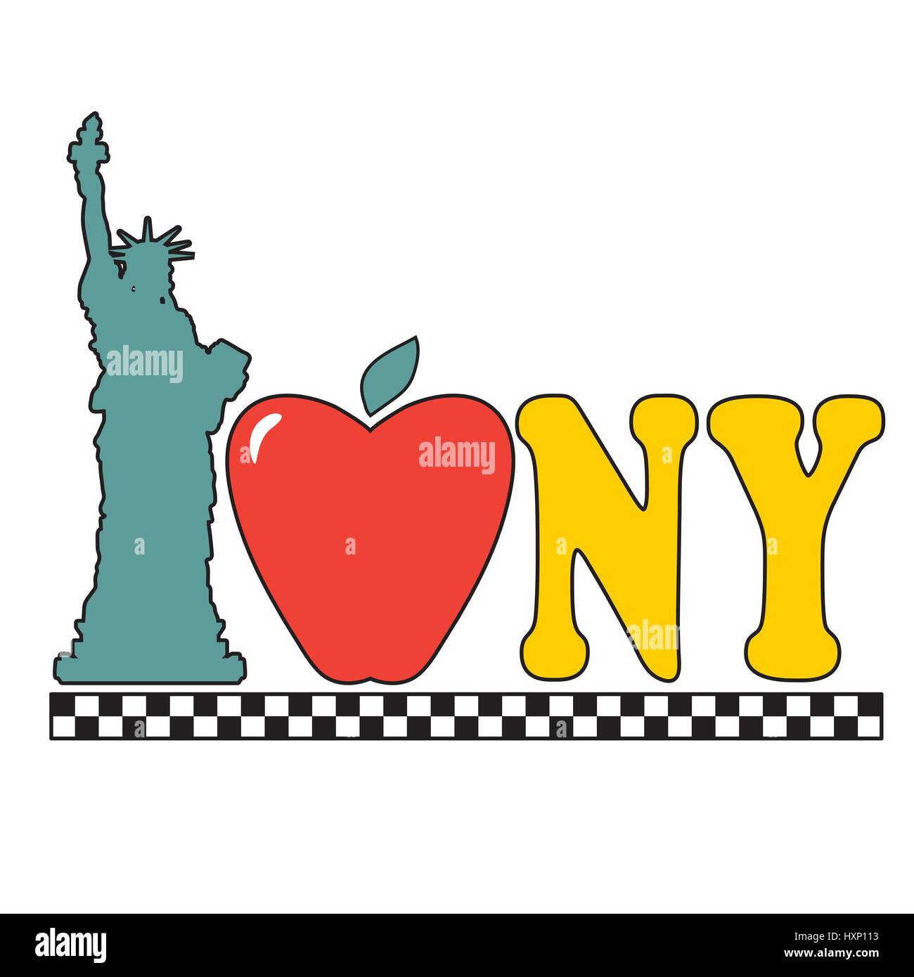 A graphic with the Statue of Liberty an apple and the New York City taxi checkers pattern Stock Vector