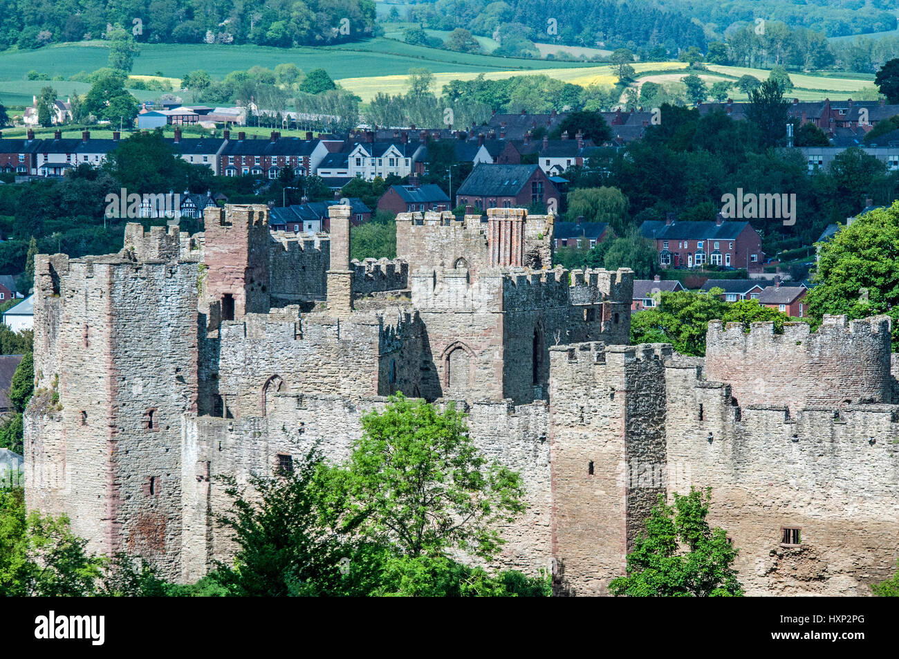Ludlow Castle, in the Shropshire rural town of Ludlow as seen from above the town Stock Photo