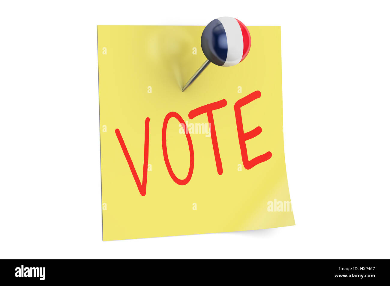 French election concept. Vote text on a sticky note pinned push pin with flag of France. 3D rendering Stock Photo