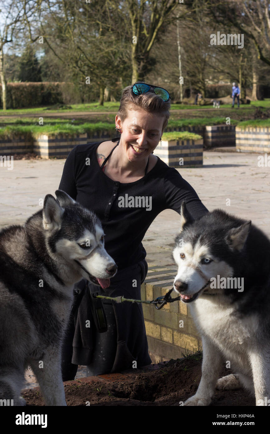 Angharad Griffin, 37, a Seamstress, with her two Siberian Husky’s India