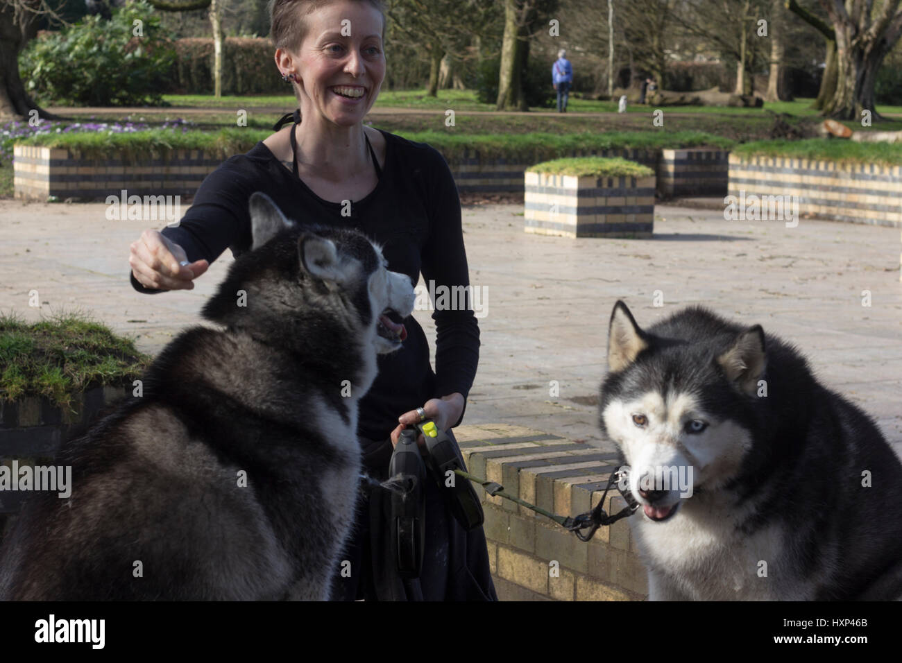 Angharad Griffin, 37, a Seamstress, with her two Siberian Husky’s India