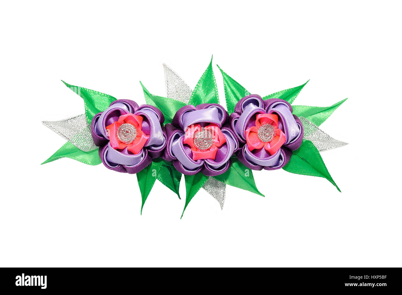 Kanzashi. Pink  and purple artificial flower isolated on white background Stock Photo