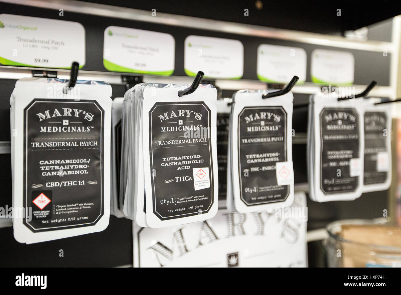 Mary's Medicinals transdermal cannabis patches for sale and on display at a dispensary in Colorado Stock Photo