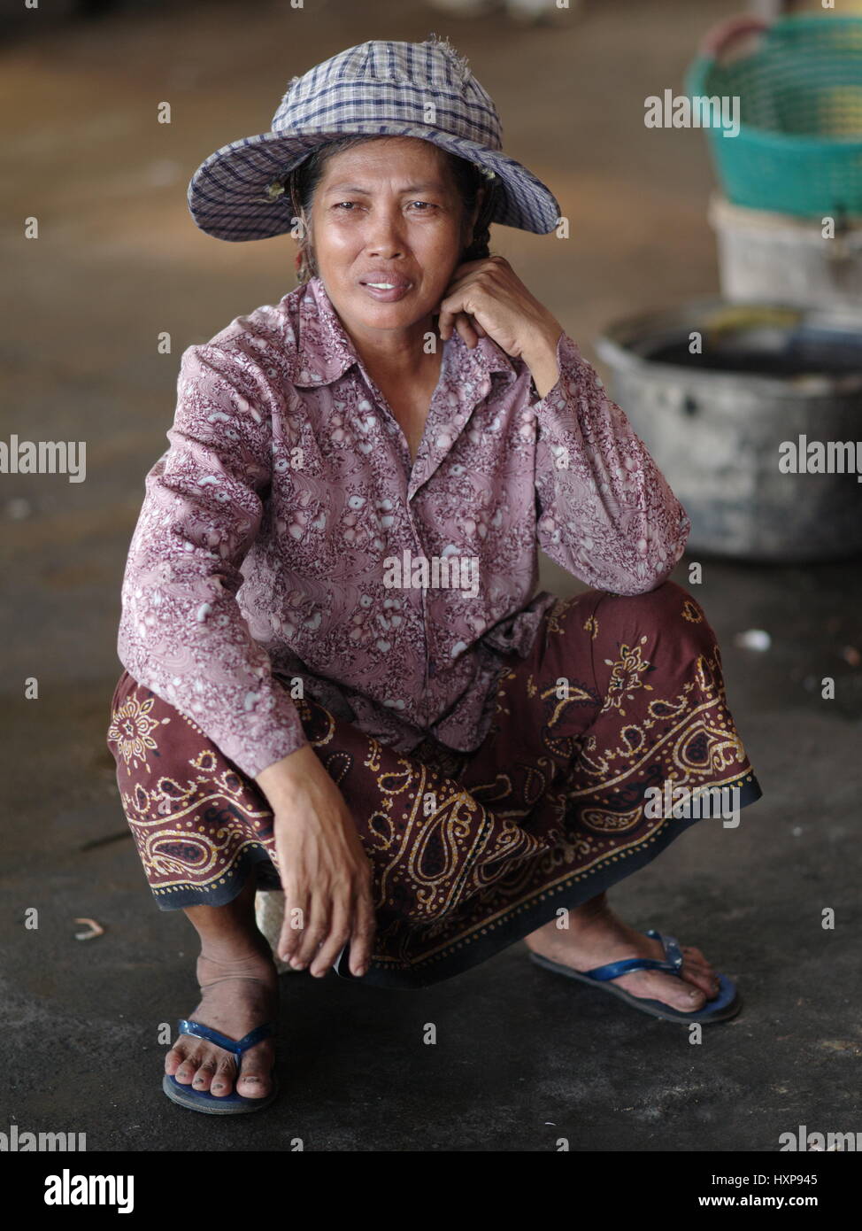 Kep Crab Market, Kep, South Cambodia.  Women and young girls work at the popular crab market in Kep.  People travel from Phnom Penh for fresh crabs. Stock Photo