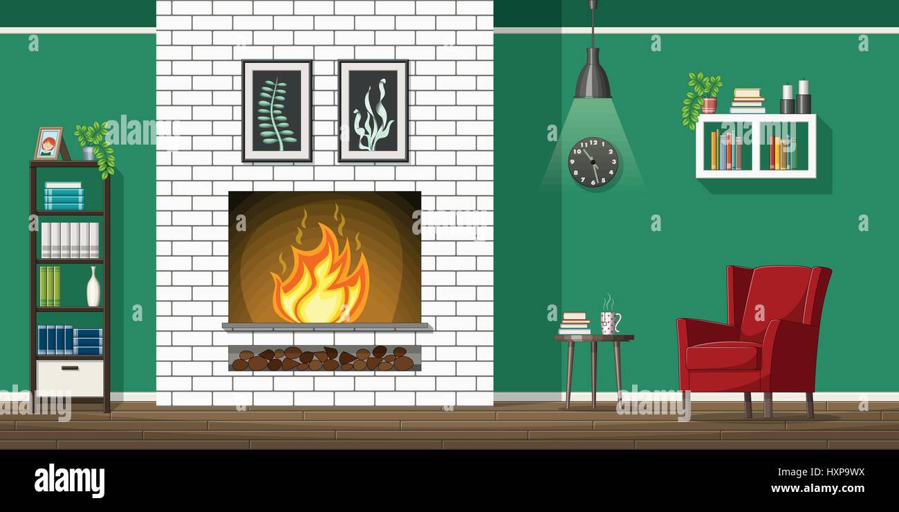Illustration of interior equipment of a living room with fire place Stock Vector