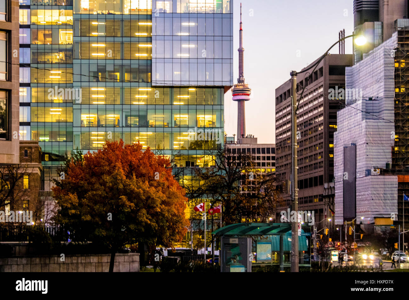 Colorful modern buildings of downtown Toronto and CN Tower at night - Toronto, Ontario, Canada Stock Photo