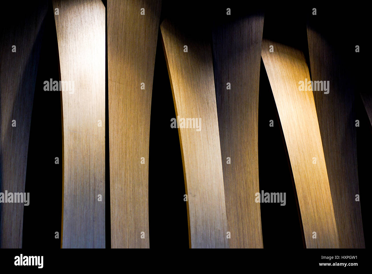 Grunge interior photo of wood wall with lateral lighting from led light . Abstract architecture image in classic style with contrast Stock Photo