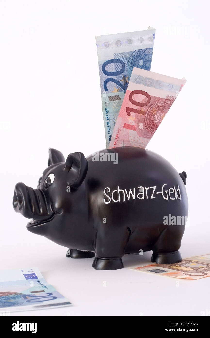 black piggy bank with label black money, no mr, schwarzes Sparschwein mit Aufschrift Schwarzgeld,no mr Stock Photo