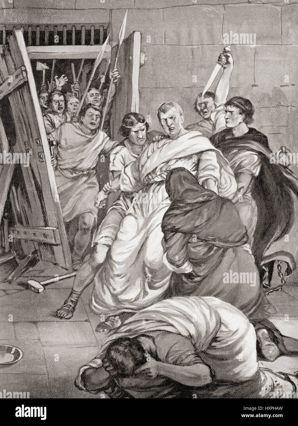 The death of Georgius, commonly called of Cappadocia, 24 December, 361 AD. Arian intruding Bishop of Alexandria, Egypt (356–361).  Murdered by a mob incensed by his tyranny, who broke into the prison where he was being held awaiting trial and tore him to pieces. From Hutchinson's History of the Nations, published 1915. Stock Photo