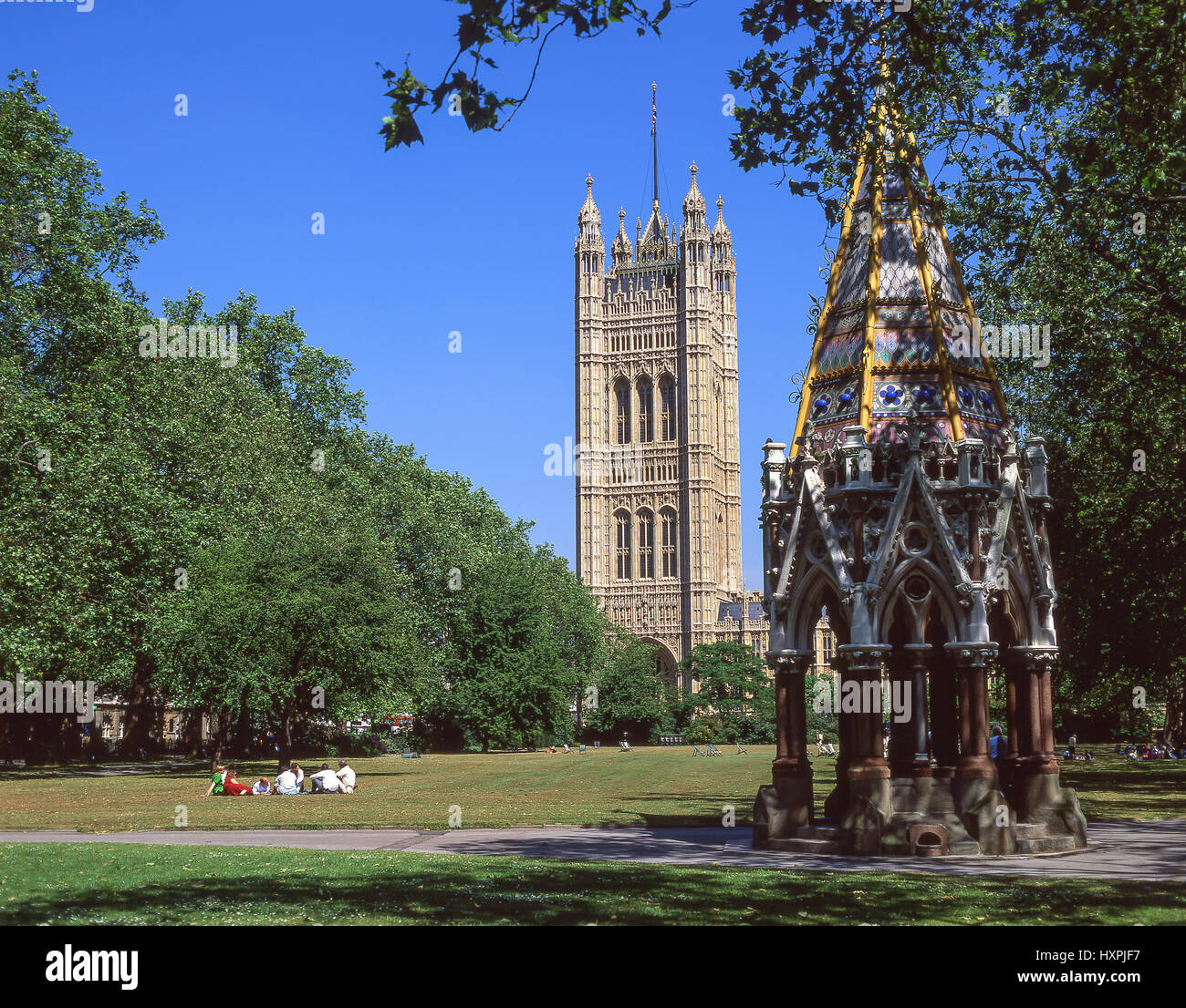 Palace of Westminster from Victoria Tower Gardens, City of Westminster, Greater London, England, United Kingdom Stock Photo
