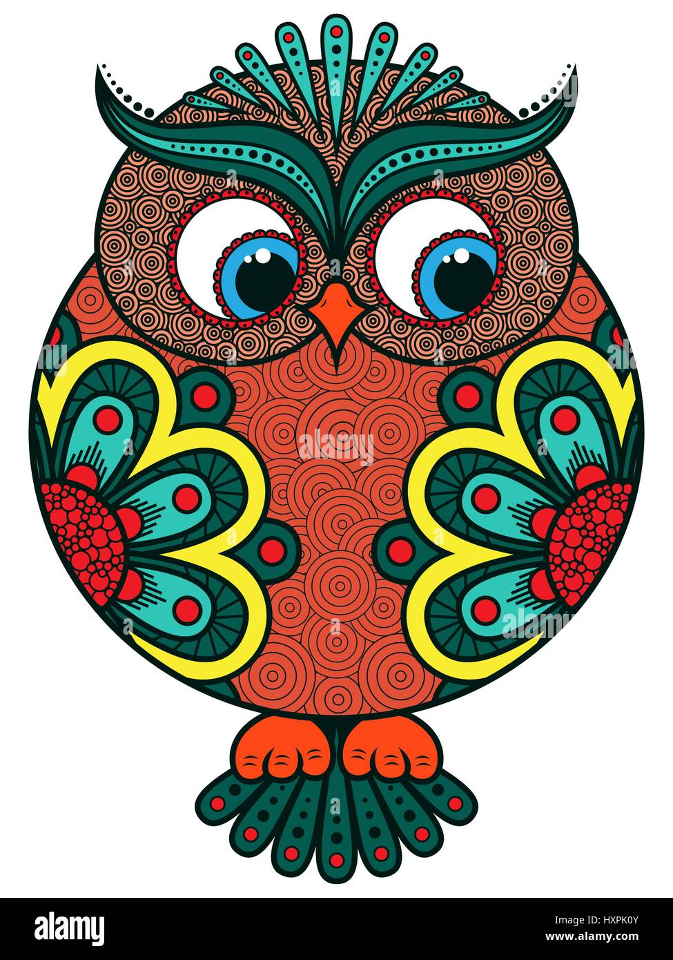 Big stylized colourful ornate funny rounded owl, vector artwork isolated on white background Stock Vector