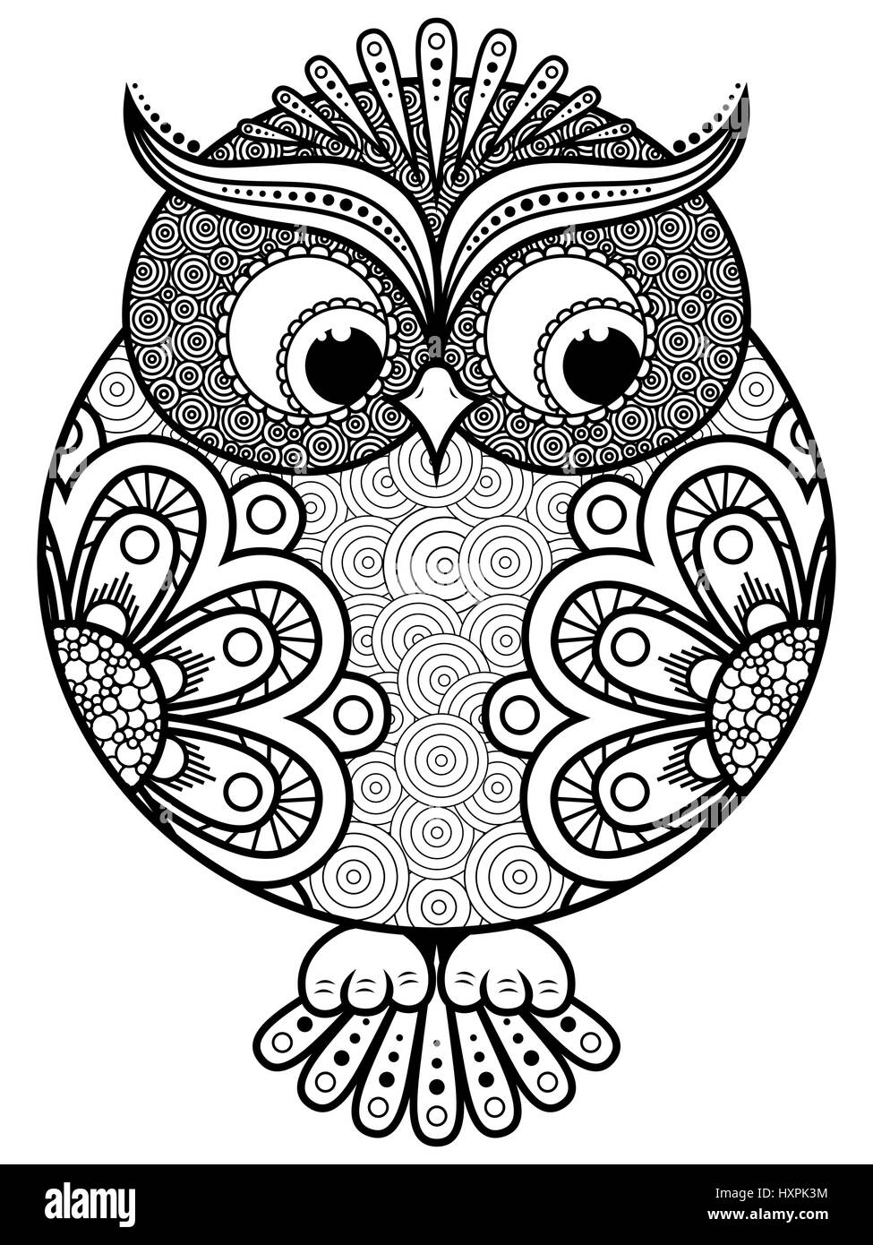 Big stylized ornate rounded owl, black vector contour isolated on white background Stock Vector