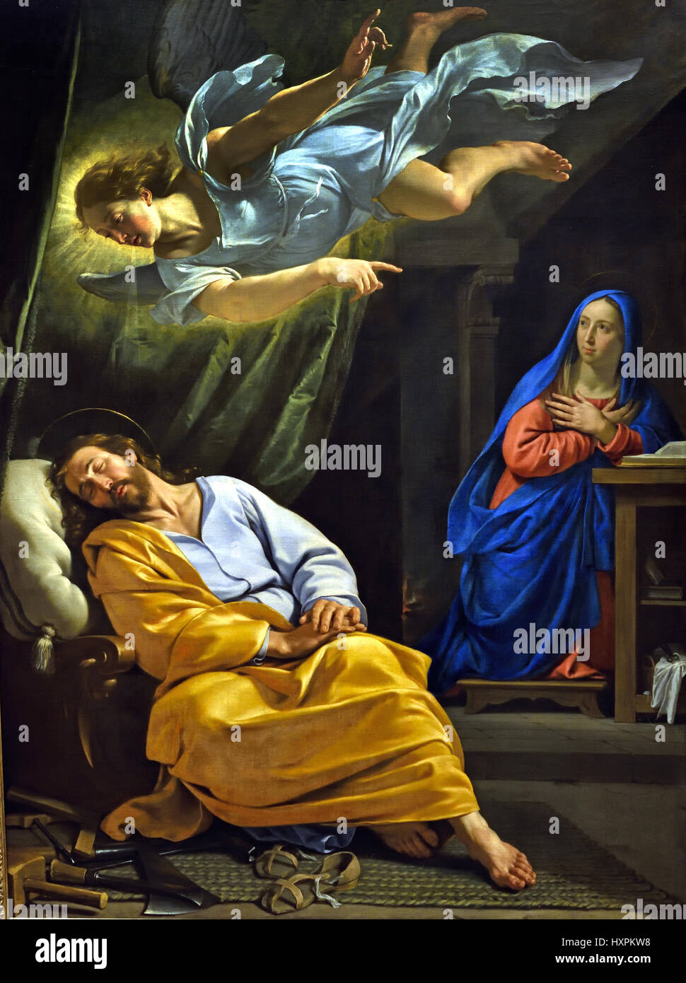 The Dream of Saint Joseph 1642  Philippe de Champaigne 1602–1674 French Baroque painter France ( The woodworking  instruments at the bottom of the carpentry ) Stock Photo