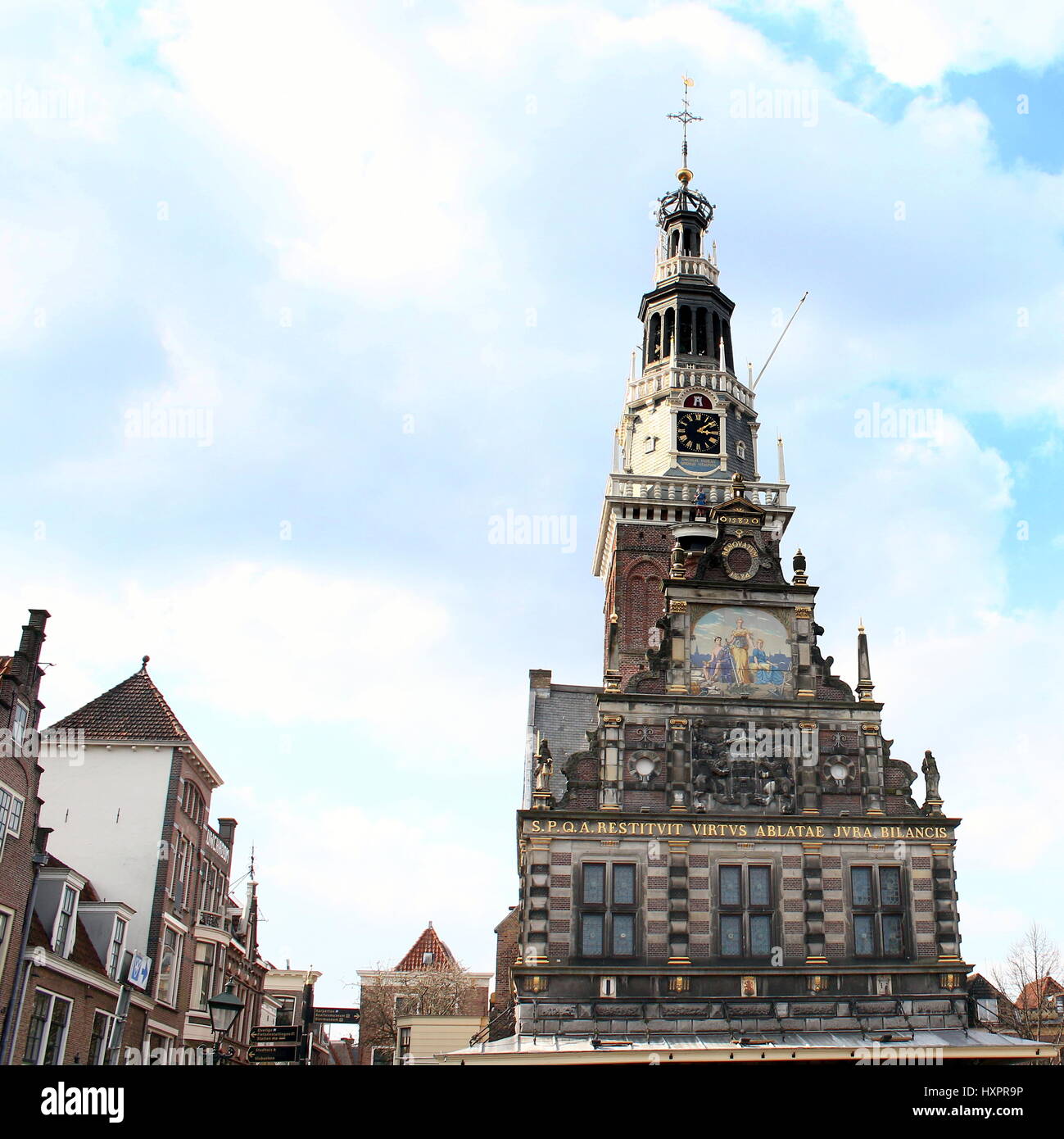 Iconic 17th century Waag (Weigh house) at Waagplein square in Alkmaar, The Netherlands. One of the very few remaining weighing houses still in use Stock Photo