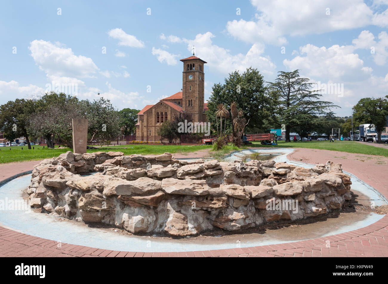 NG Kerk (Dutch Reformed Church) and fountain, Kirk Street, Bethlehem, Free State Province, Republic of South Africa Stock Photo