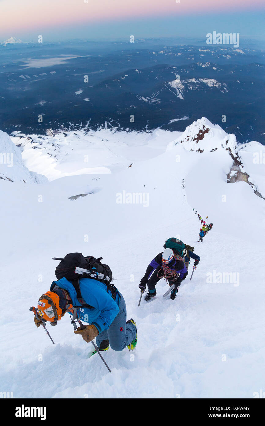 A group of mountaineers ascending Mount Hood, Oregon, United States. Stock Photo