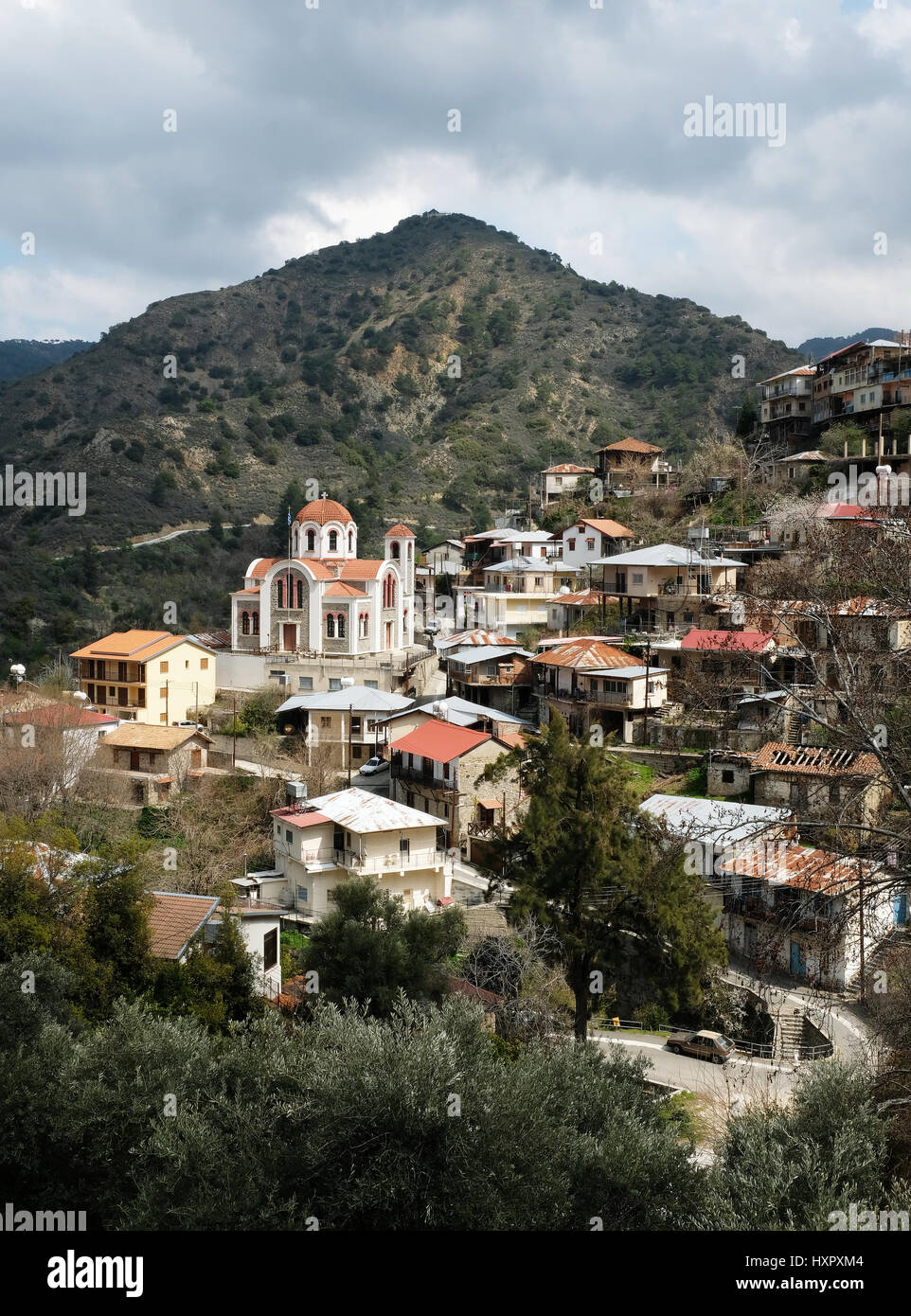 Picturesque village Moutoullas at the foot of the Troodos mountains, republic on Cyprus. Stock Photo