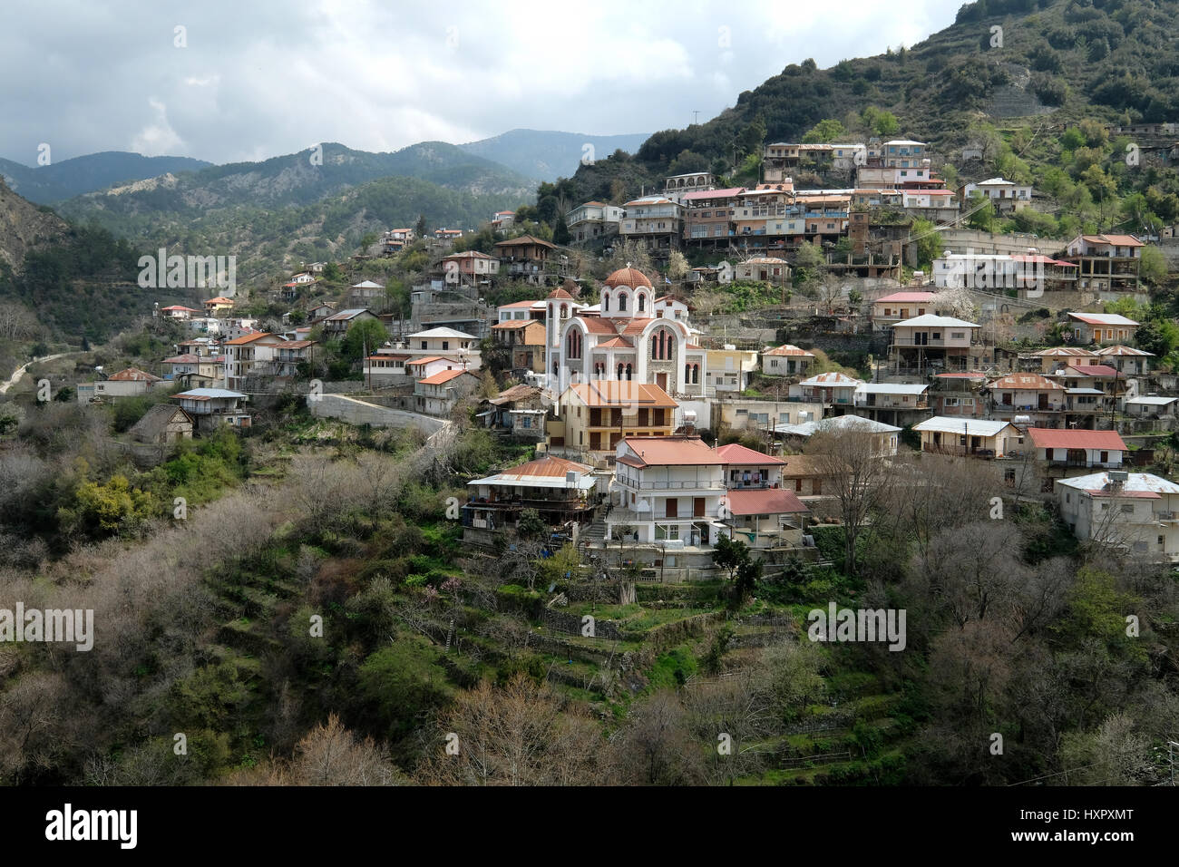 Picturesque village  Moutoullas at the foot of the Troodos mountains, republic on Cyprus. Stock Photo