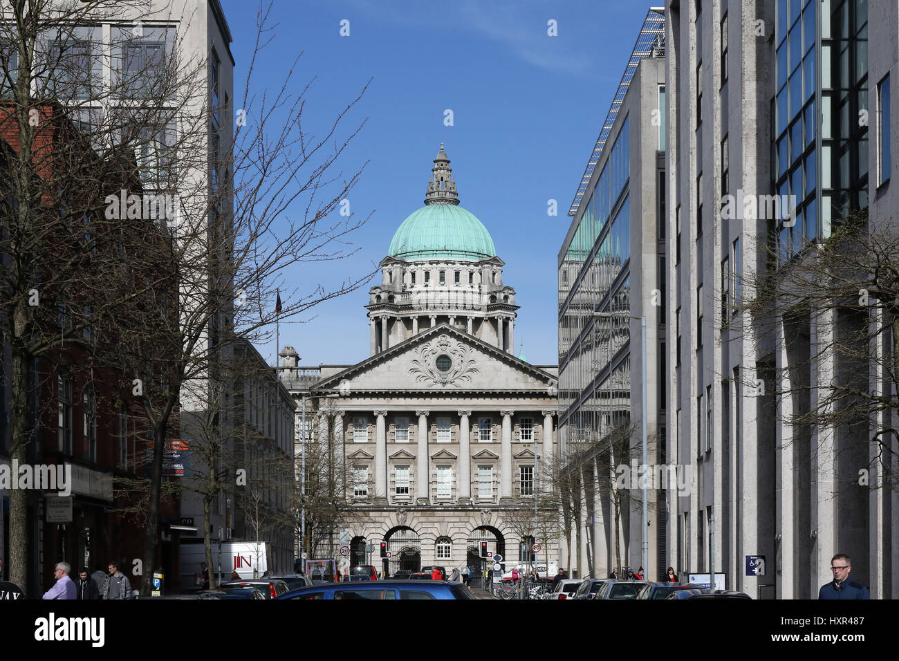 View of Belfast City Hall from Linenhall Street, Belfast, Northern Ireland. This is the back entrance to the building. Stock Photo