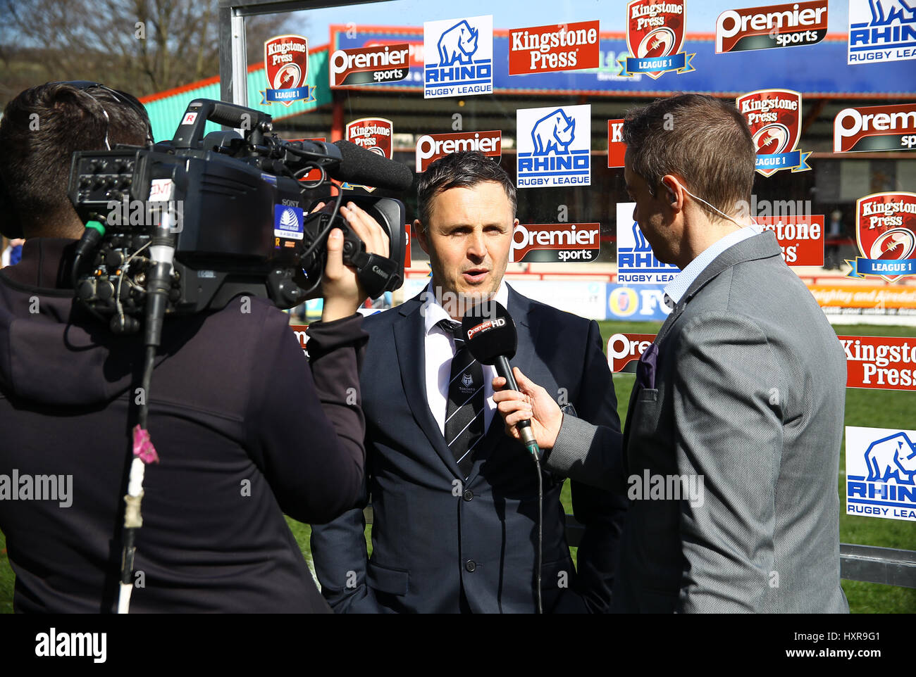 Paul Rowley Coach of Toronto Wolfpack Rugby League chats to Premier Sports TV ahead of Keighley Cougars vs Toronto Wolfpack during the Kingstone Press League One clash at Cougar Park, Keighley ,