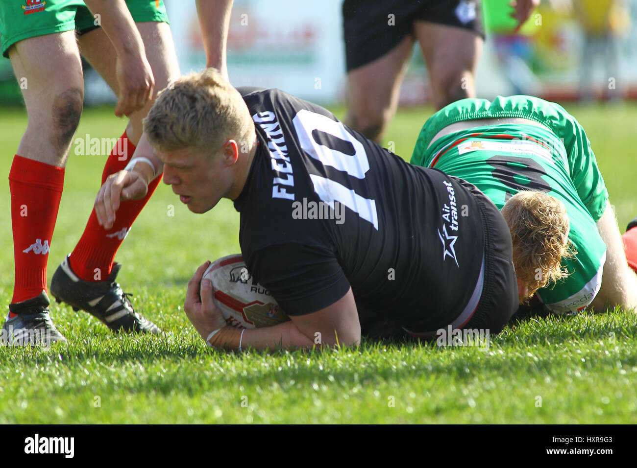 Dan Fleming of Toronto Wolfpack on the attack vs Keighley Cougars  Keighley Cougars vs Toronto Wolfpack During the Kingstone Press League One clash at Cougar Park, Keighley , West Yorkshire,  Picture by Stephen Gaunt/Touchlinepics.com/Alamy Live News Stock Photo