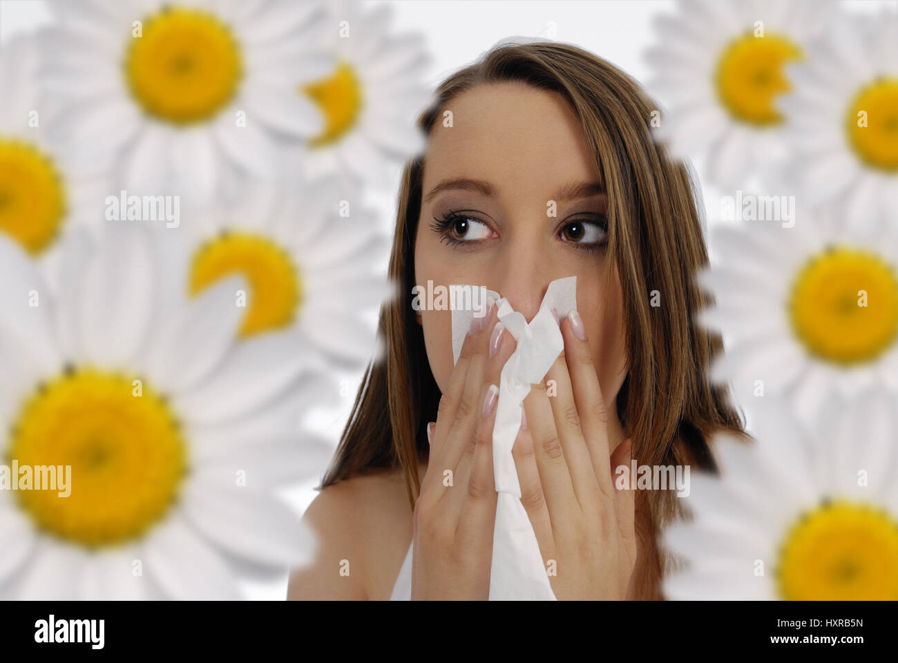 Woman with hay fever, Frau mit Heuschnupfen Stock Photo