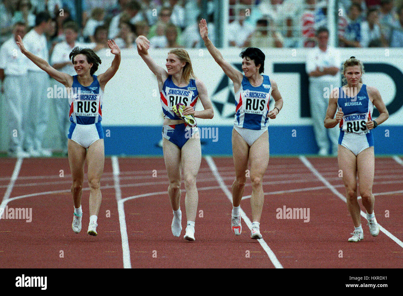RUSSIAN TEAM CELEBRATE WORLD CHAMPIONSHIPS RELAY WIN 22 August 1993 Stock Photo