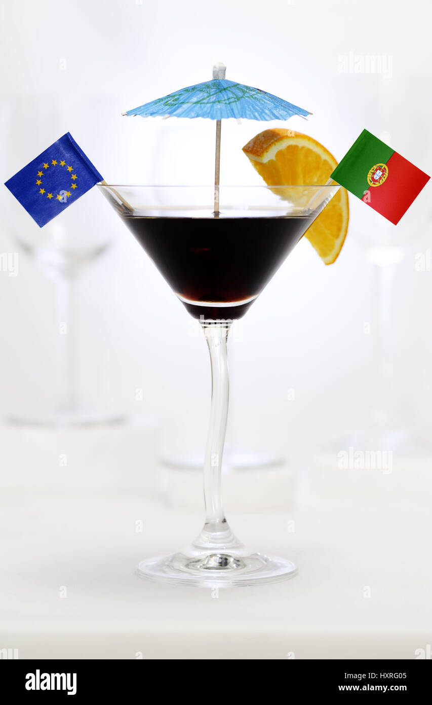 Cocktail glass with EU flag and Portugal flag, Cocktailglas mit EU-Fahne und Portugal-Fahne Stock Photo