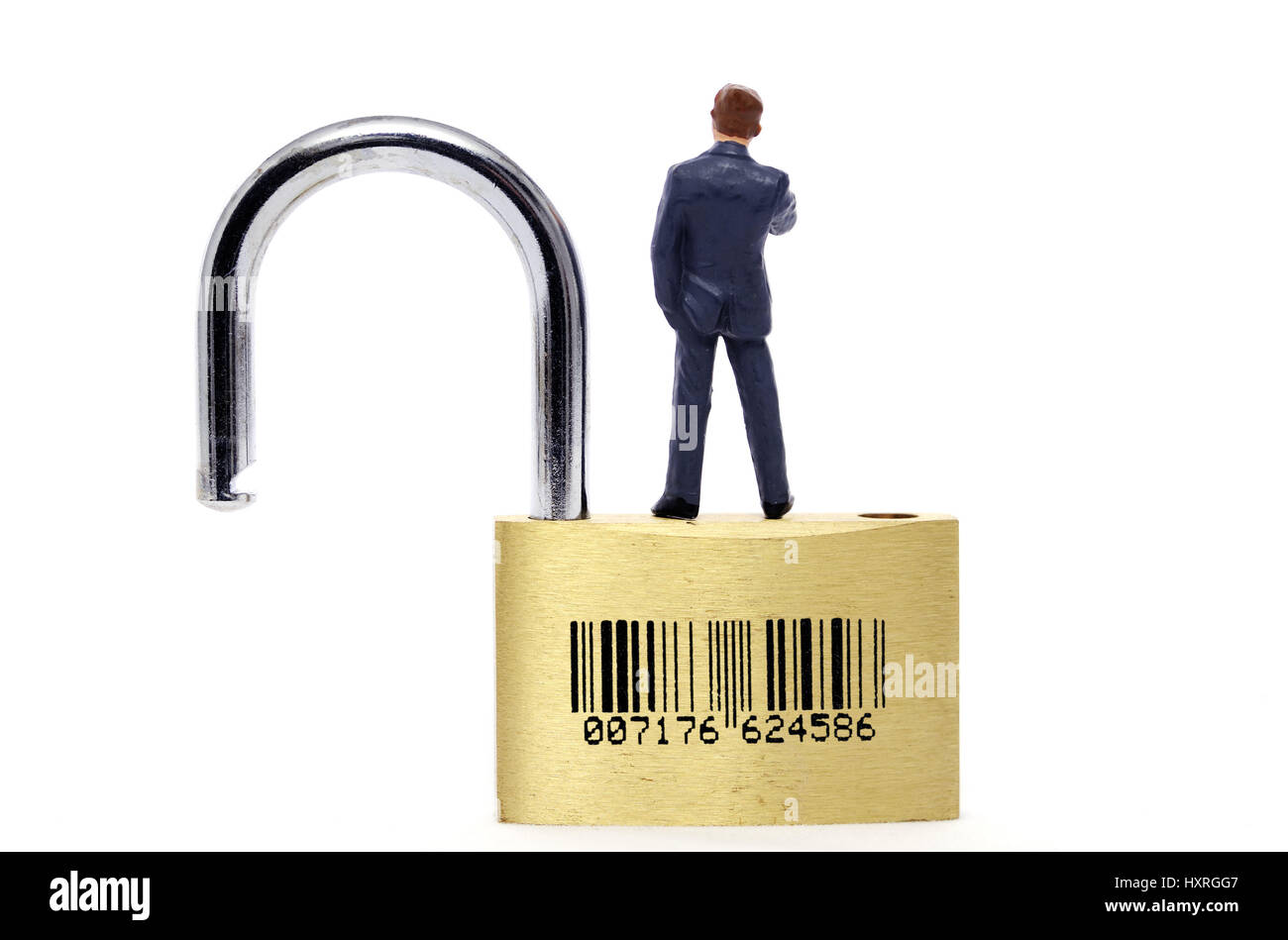 Miniature figure on an open padlock with bar code, data security with census, Miniaturfigur auf einem offenen Vorhängeschloss mit Strichcode, Datensic Stock Photo