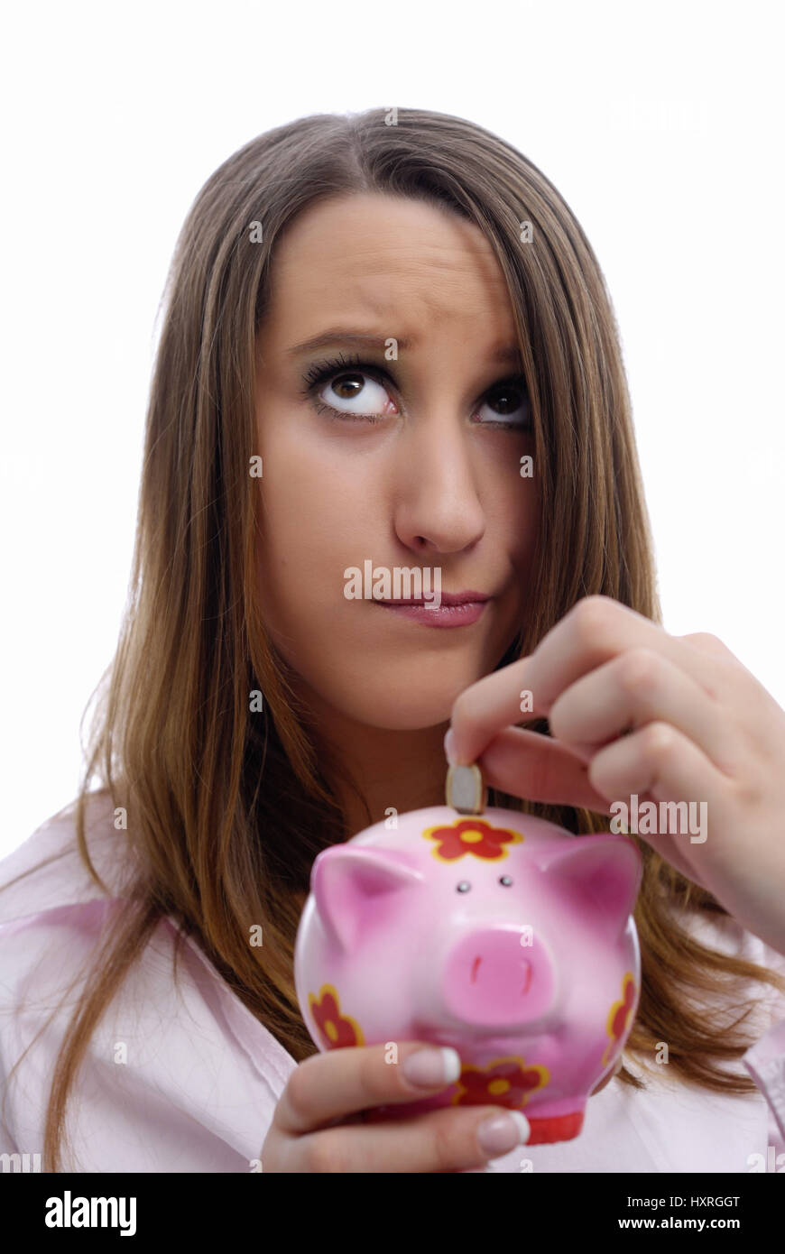 Woman, women, 20-year-old, 20, 20-year-old, 20-year-old, young, has young, brunette, brunette, hair, colour of hair, piggy bank, piggy banks, euro, mo Stock Photo