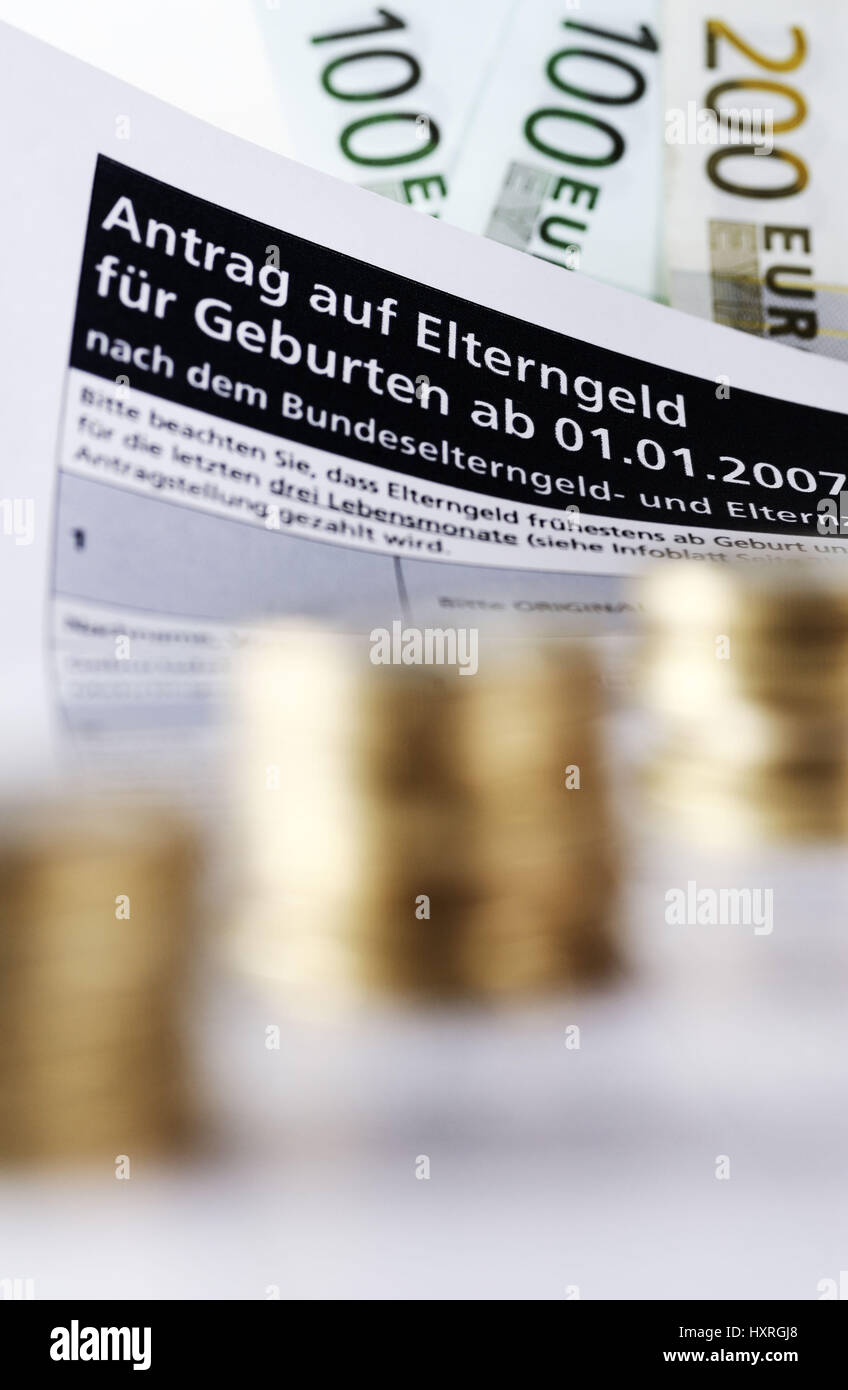 Parental money form and bank notes, Elterngeld-Formular und Geldscheine Stock Photo