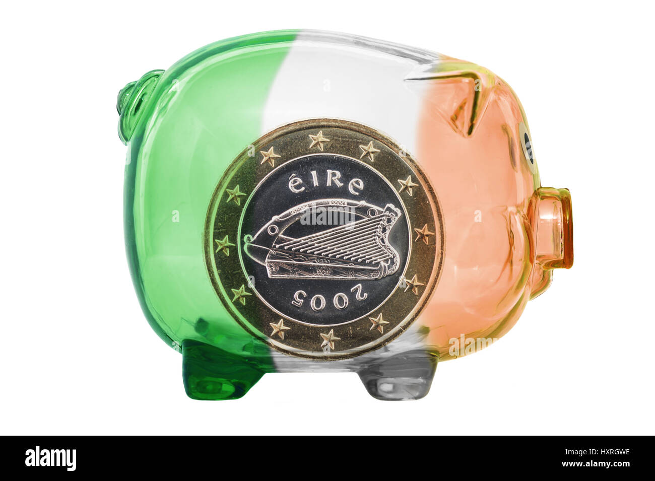 Piggy bank in Irish national colours with Irish euro, state crisis Ireland, Sparschwein in irischen Nationalfarben mit irischem Euro, Staatskrise Irla Stock Photo