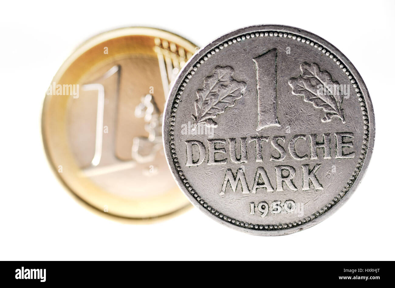 Euro-coin one and a Deutsche Mark coin, Ein-Euro-Münze und eine D-Mark-Münze Stock Photo