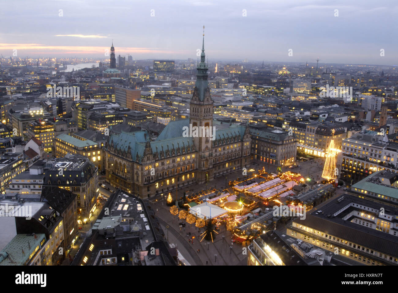 Germany, Hamburg, hamburger, town, Gro? town, evening, in the evening, lights up, illuminated, lighting, tower, towers, historical, more historically, Stock Photo