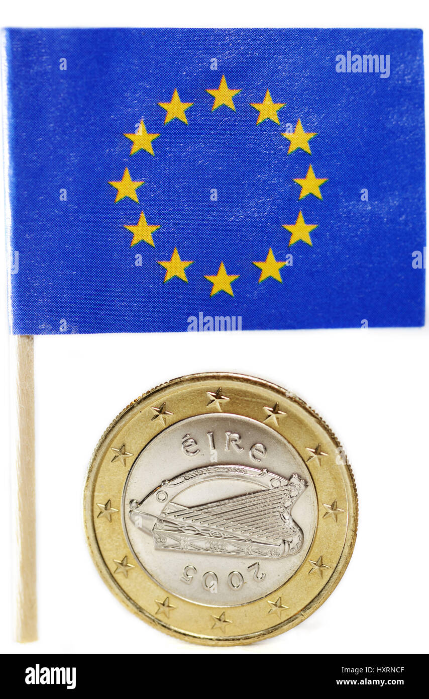 Irish eurocoin one and EU flag, state crisis Ireland, Irische EinEuro