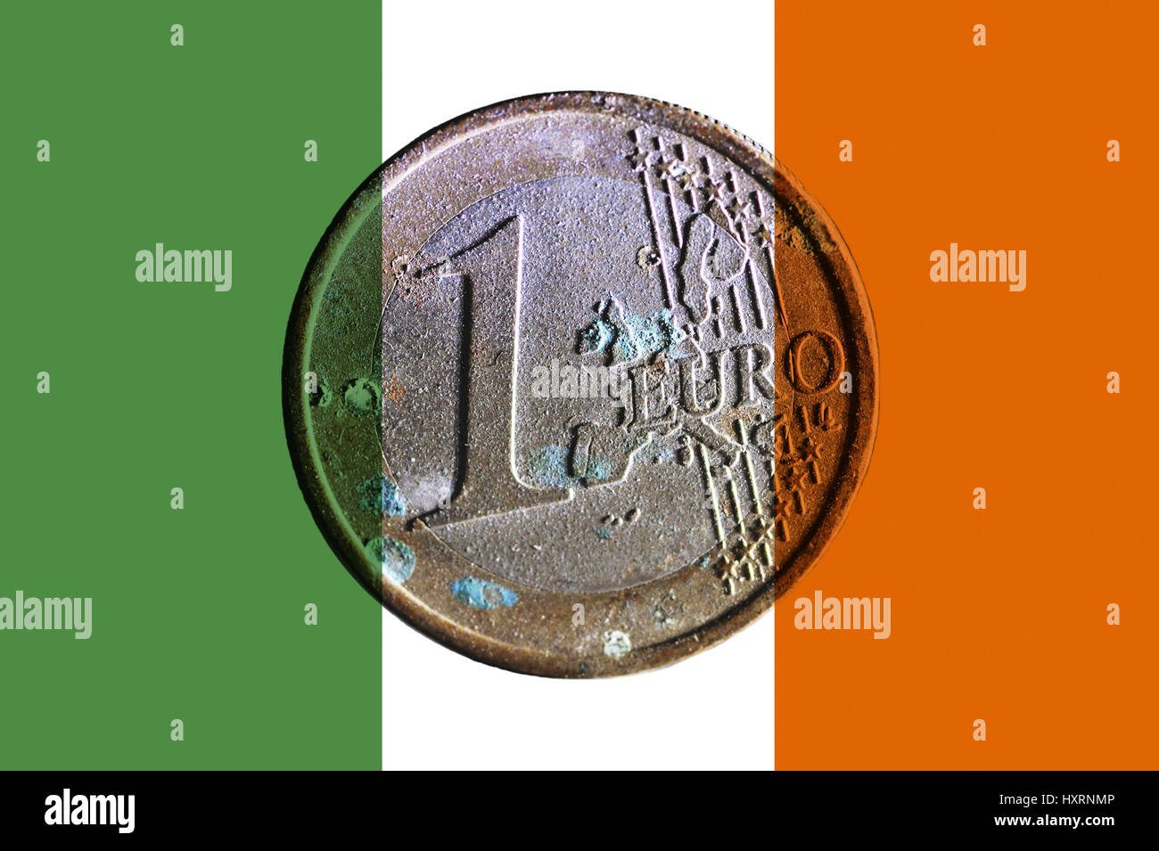 Flag of Ireland and old euro, state deficit Ireland, Fahne von Irland und alter Euro, Staatsdefizit Irland Stock Photo