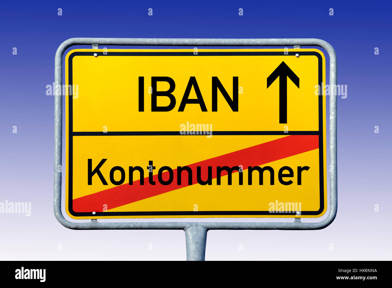 Local sign with label IBAN and account number, Ortsschild mit Aufschrift IBAN und Kontonummer Stock Photo