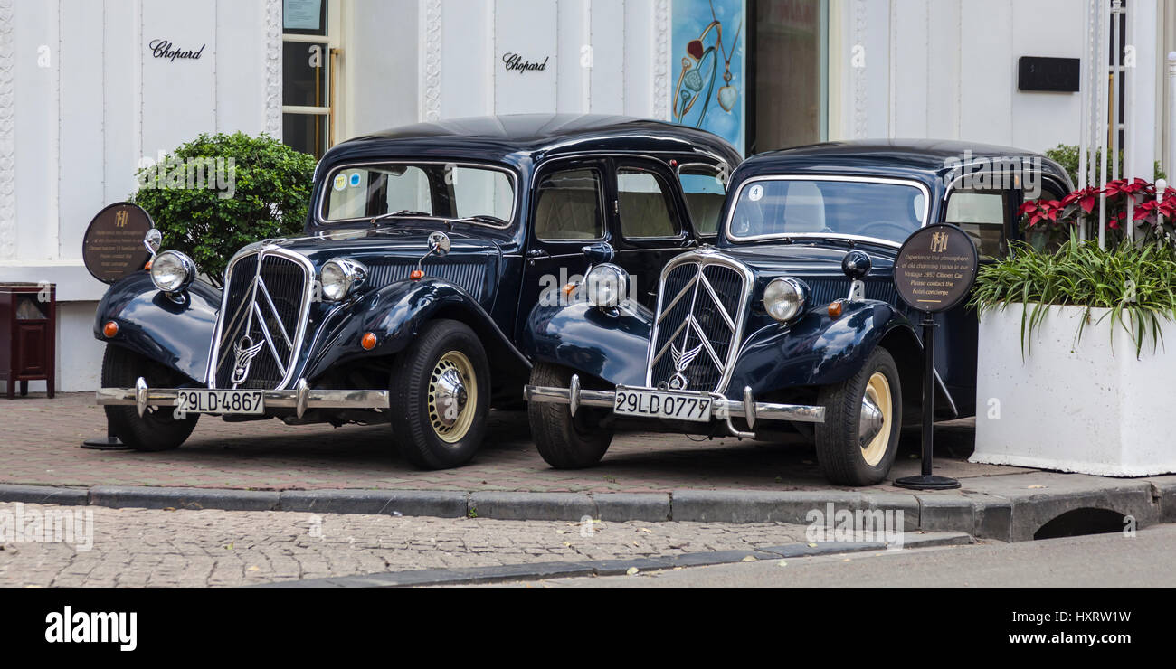 Beautifully restored Citroen cars at Sofitel Legend Hotel Metropole Hanoi. Stock Photo