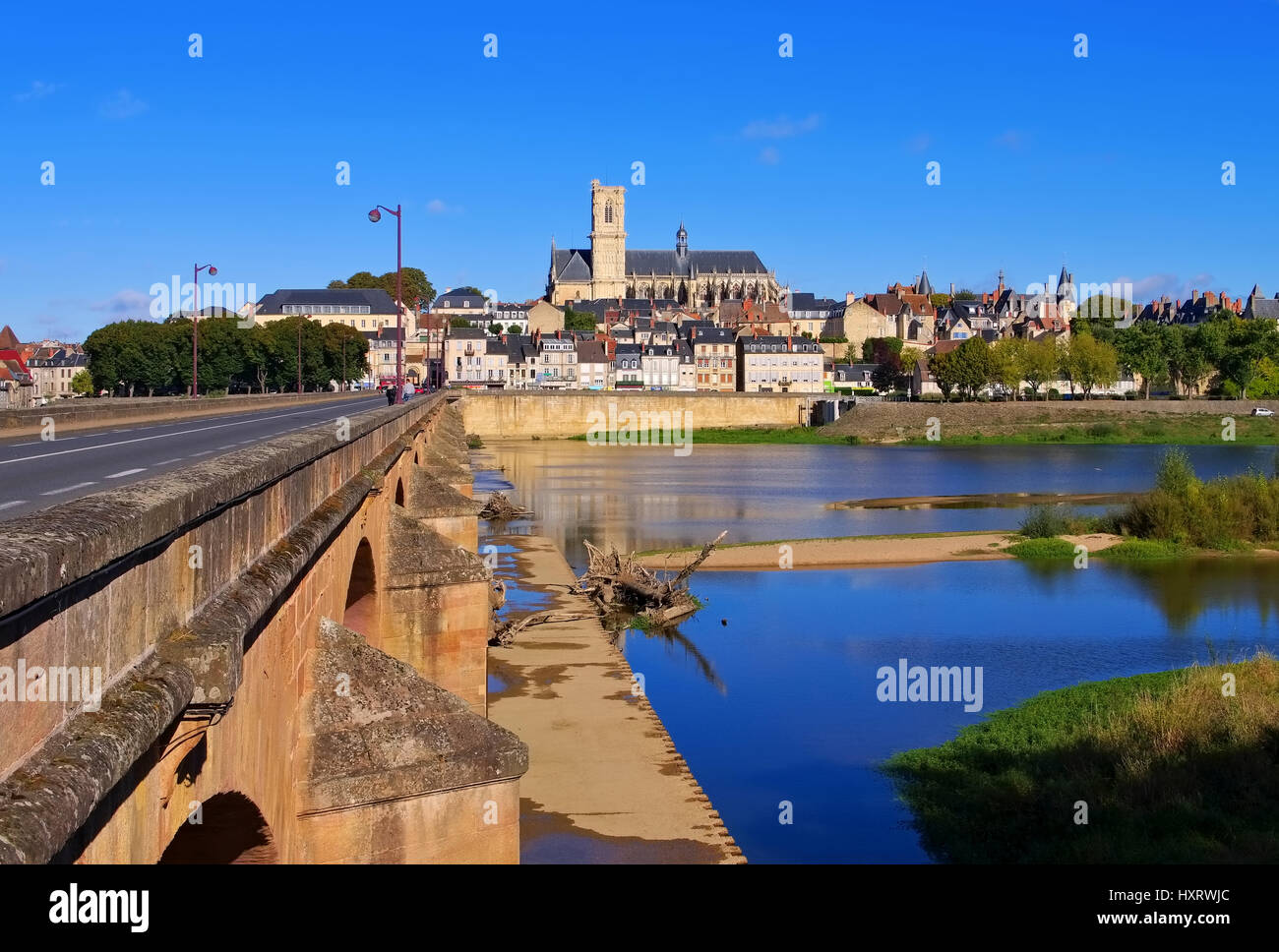 Nevers in Burgundy, cathedral and river Loire, France Stock Photo