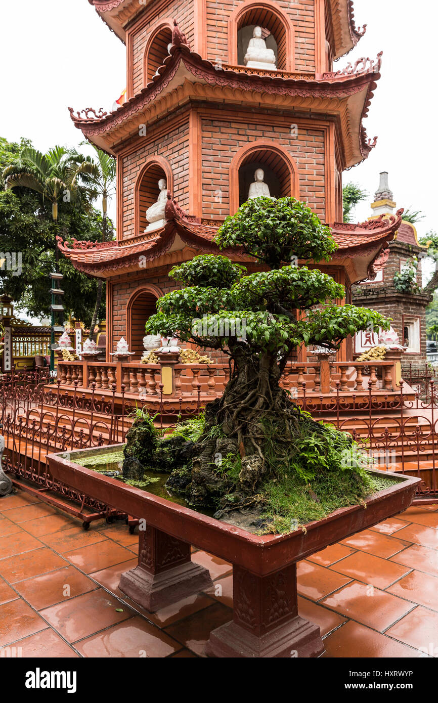 Trấn Quốc Pagoda (Vietnamese: Chùa Trấn Quốc, chữ Hán: 鎭國寺), the oldest Buddhist temple in Hanoi, is located on a small island near the southeastern s Stock Photo