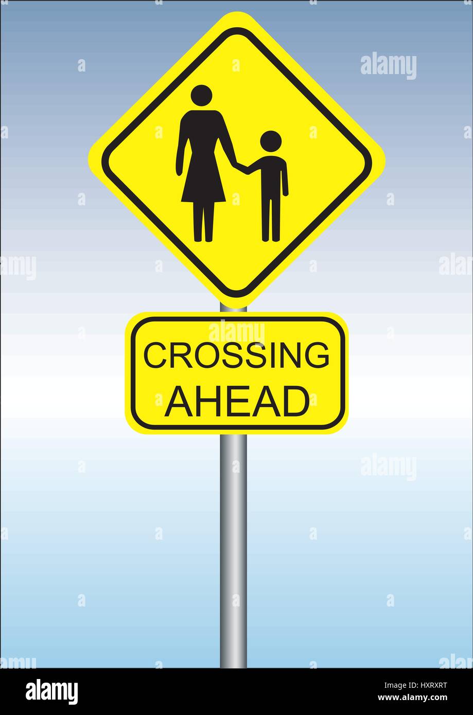 a yellow sign for crossing the road on a blue background Stock Vector