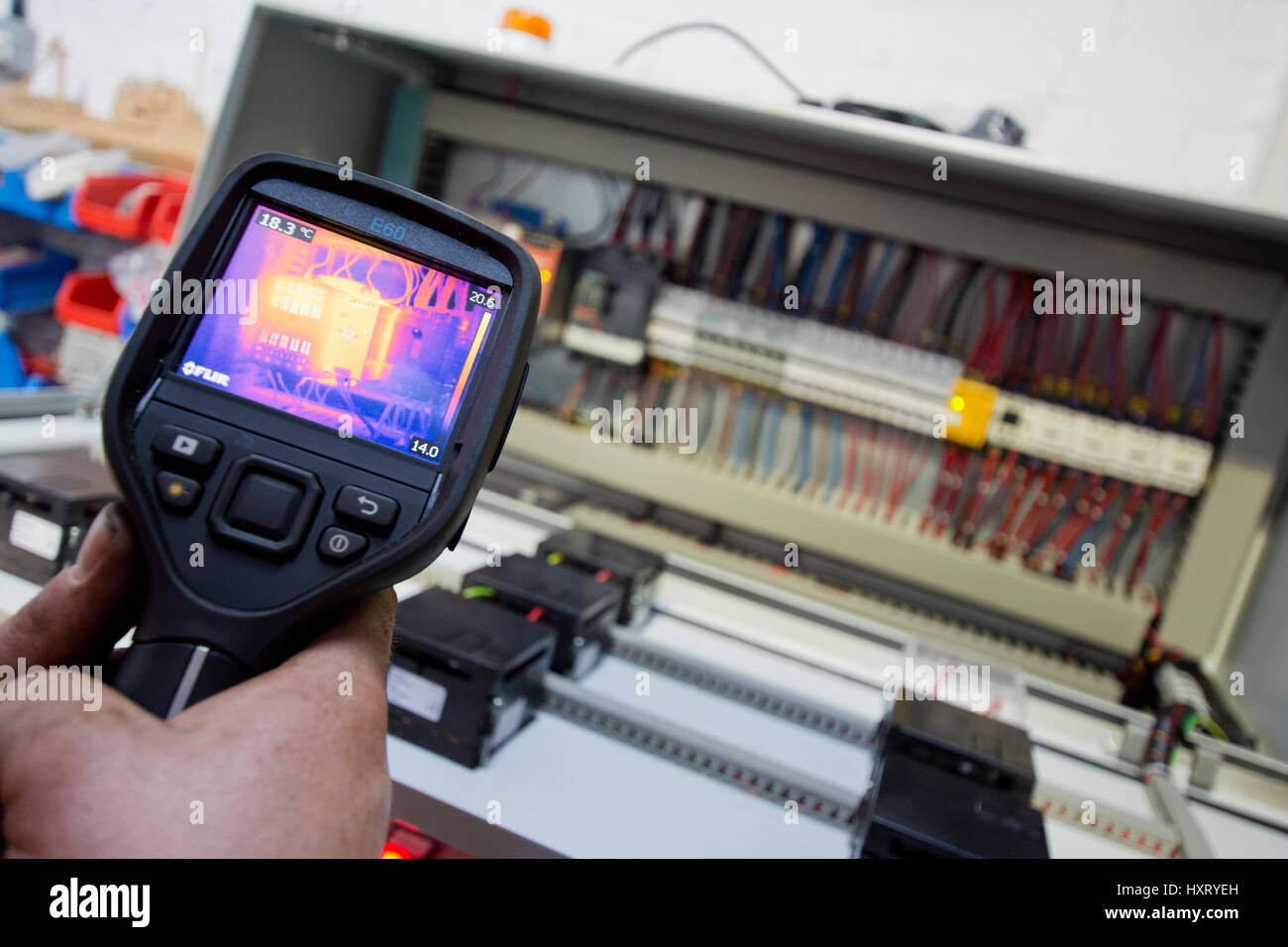 Thermal imaging infrared testing equipment on circuit board Stock Photo