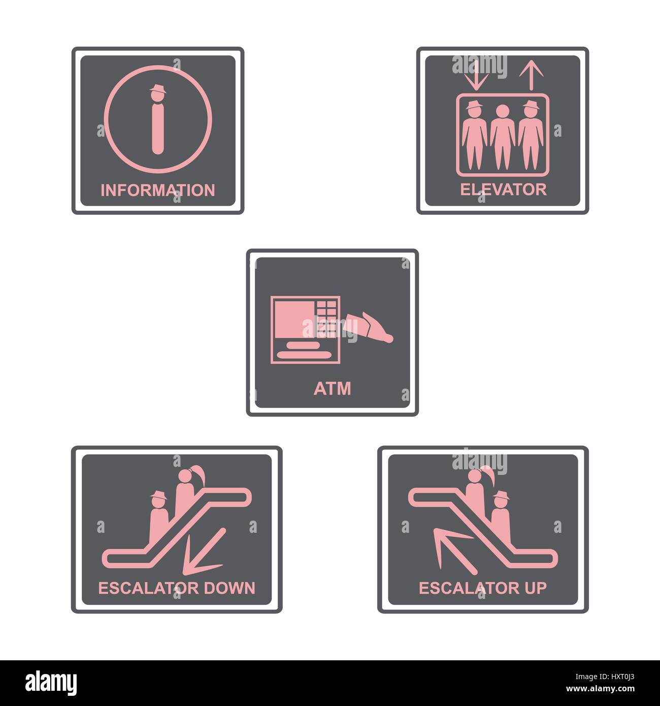 Information signboard. Elevator sign,Escalators sign. Automated teller machine.ATM sign.People icons set.Vector illustration Stock Vector