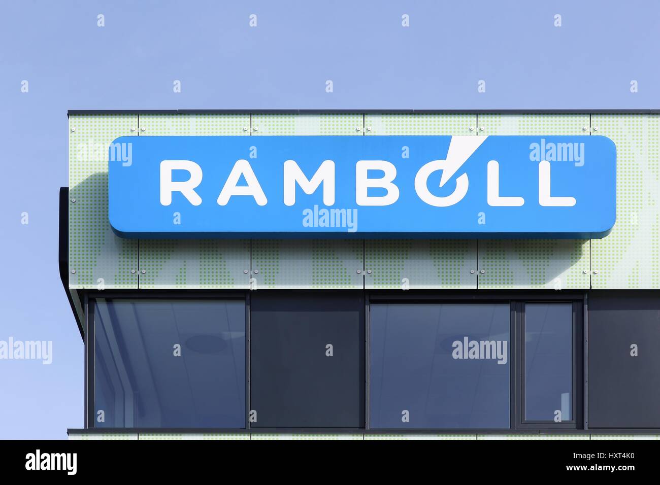 Vejle, Denmark - March 25, 2017: Ramboll logo on a wall. Ramboll is a danish consulting engineering group with worldwide operations Stock Photo