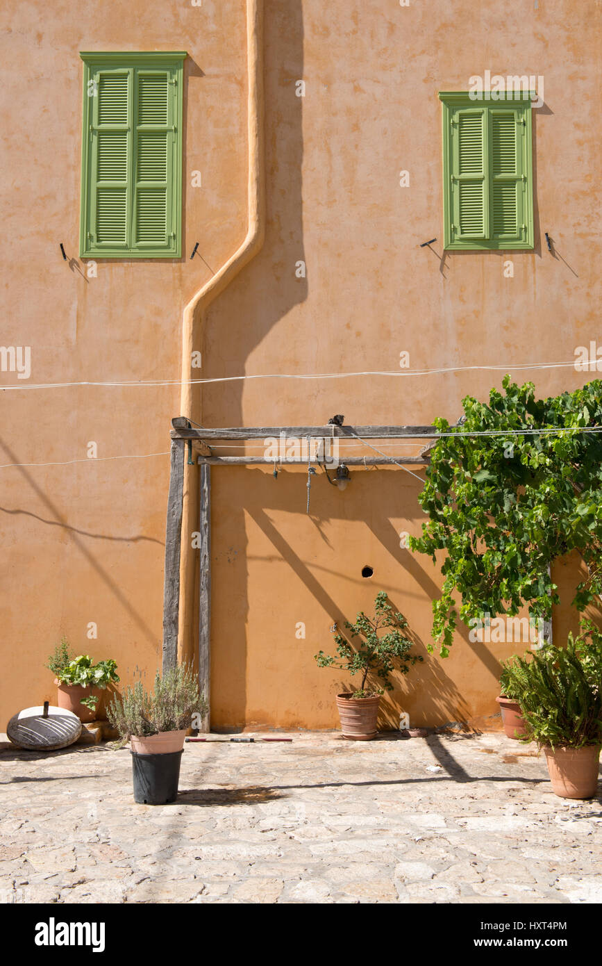 lachsfarbene Hauswand mit grünen Fensterläden, Regenrinne und Weinrebe, Insel Kastellorizo, Dodekanes, Griechenland Stock Photo