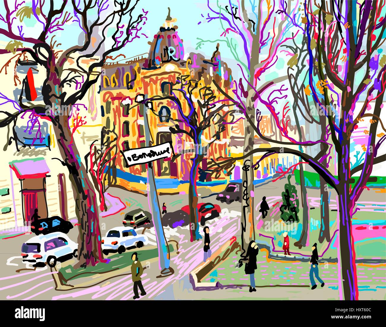 digital plein air painting of Kiev street cityscape in spring Stock Vector