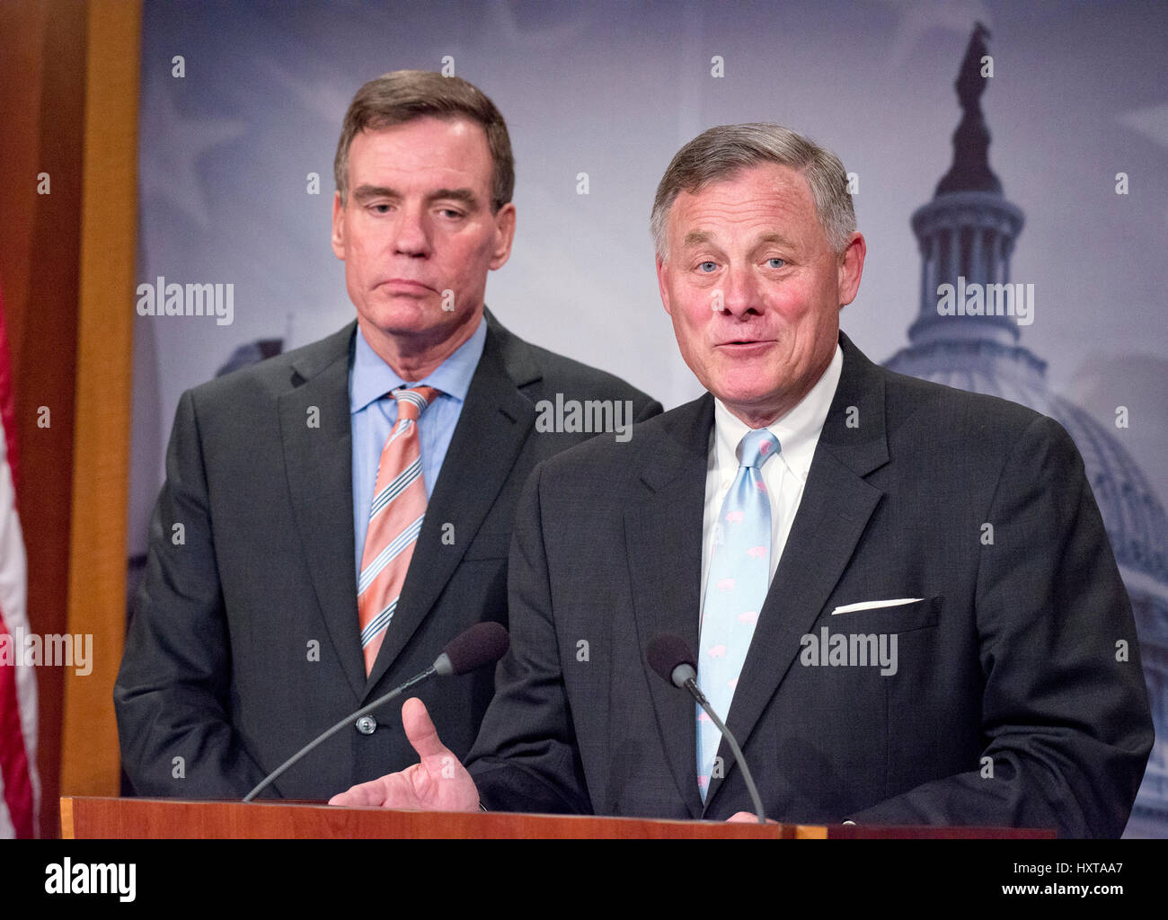 United States Senator Richard Burr (Republican of North Carolina), Chairman, US Senate Select Committee on Intelligence, right, and US Senator Mark Warner (Democrat of Virginia), Vice Chairman, US Senate Select Committee on Intelligence, left, hold a joint press conference in the US Capitol to discuss the upcoming committee hearings on Russian intelligence activities in the US and around the world on Wednesday, March 29, 2017. Credit: Ron Sachs/CNP - NO WIRE SERVICE - Photo: Ron Sachs/Consolidated/dpa Stock Photo
