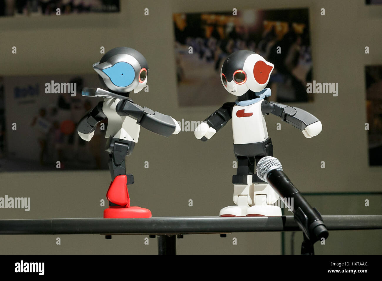 Tokyo, Japan. 30th March 2017. (L to R) Robots Robi 2 and Robi perform  during a media event for Robi EXPO in Roppongi Hills on March 30, 2017,  Tokyo, Japan. 48 Robi