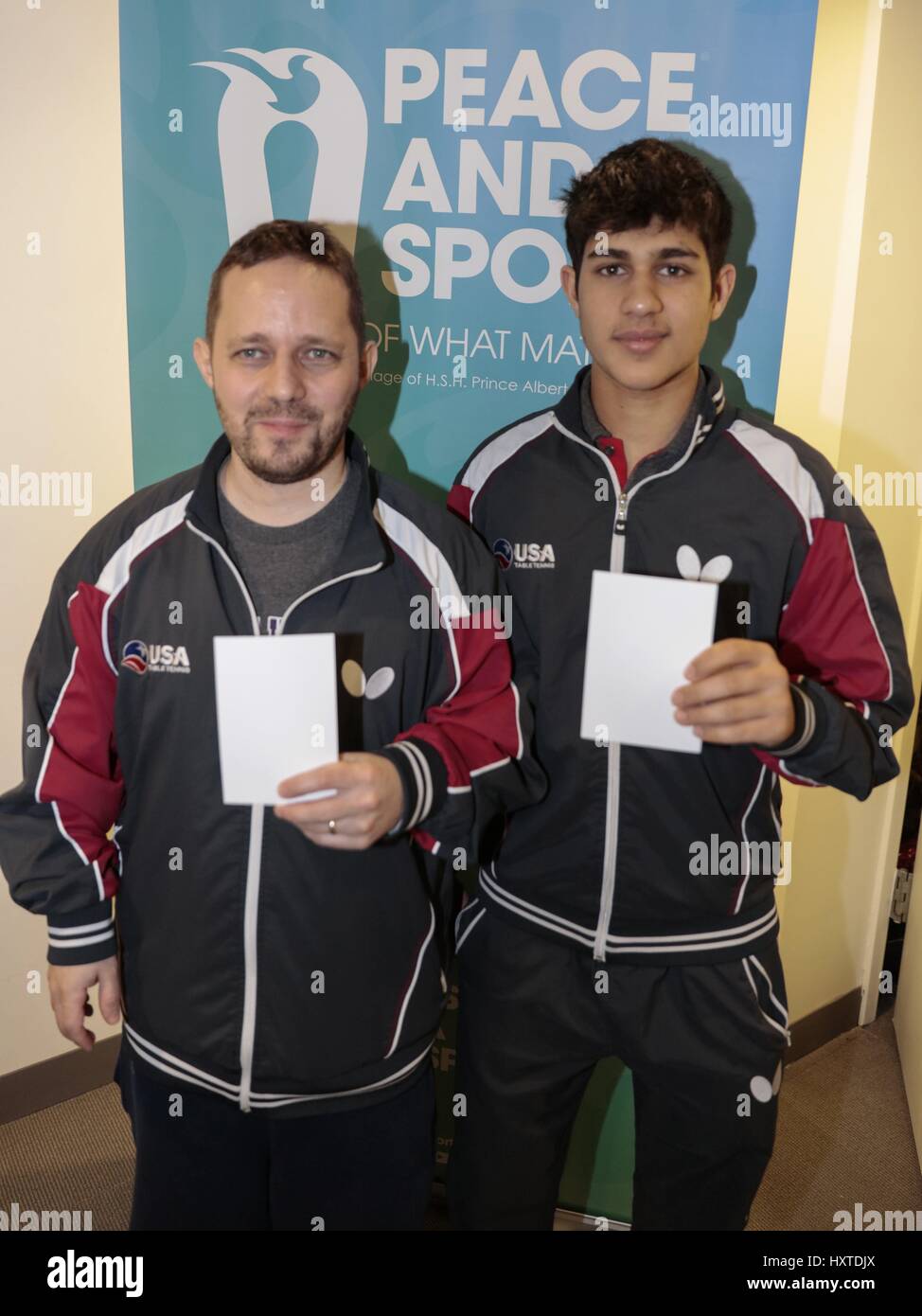 United Nations, New York, USA, 28 March 2017 - Press briefing by the Organization for Peace and Sport on the role of sport as a tool to tackle the challenges that the international community is facing today at the UN Headquarters in New York.  Pictured, left to right: Kanak Jha, (Table Tennis Gold Medal) and Tahl Leibovitz (ex- homeless and table tennis gold + bronze medals)   Photo: Luiz Rampelotto/EuropaNewswire | usage worldwide Stock Photo